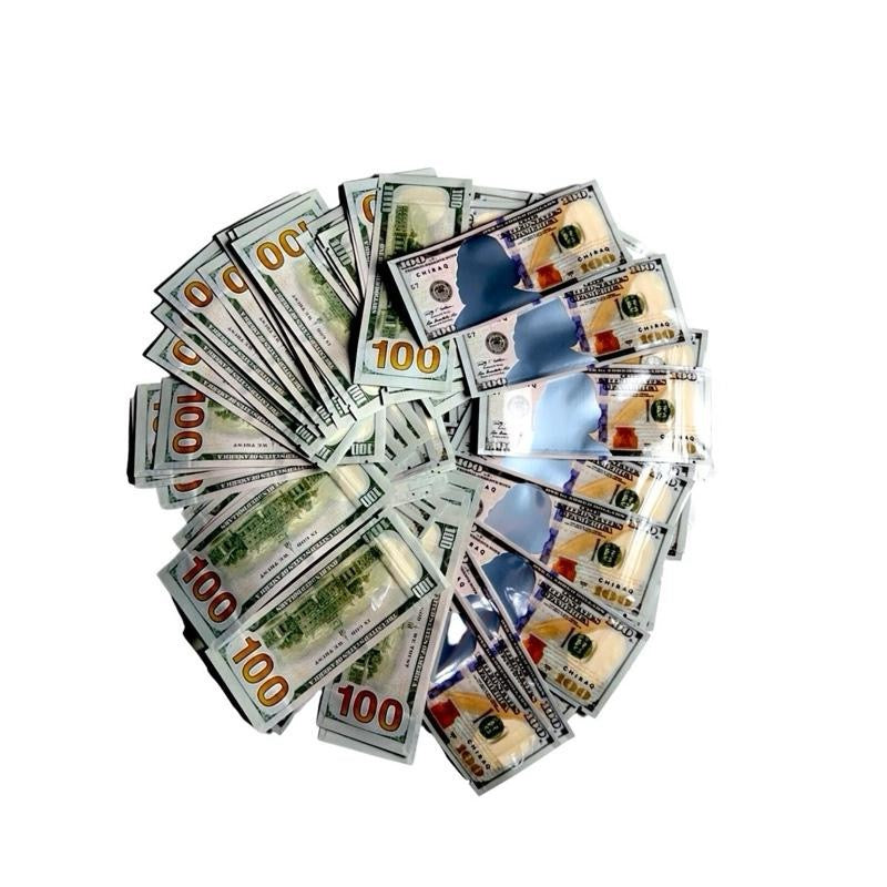 100 count Mylar Bags – $100 Bill Design, Smell-Proof, Waterproof, Transparent Window