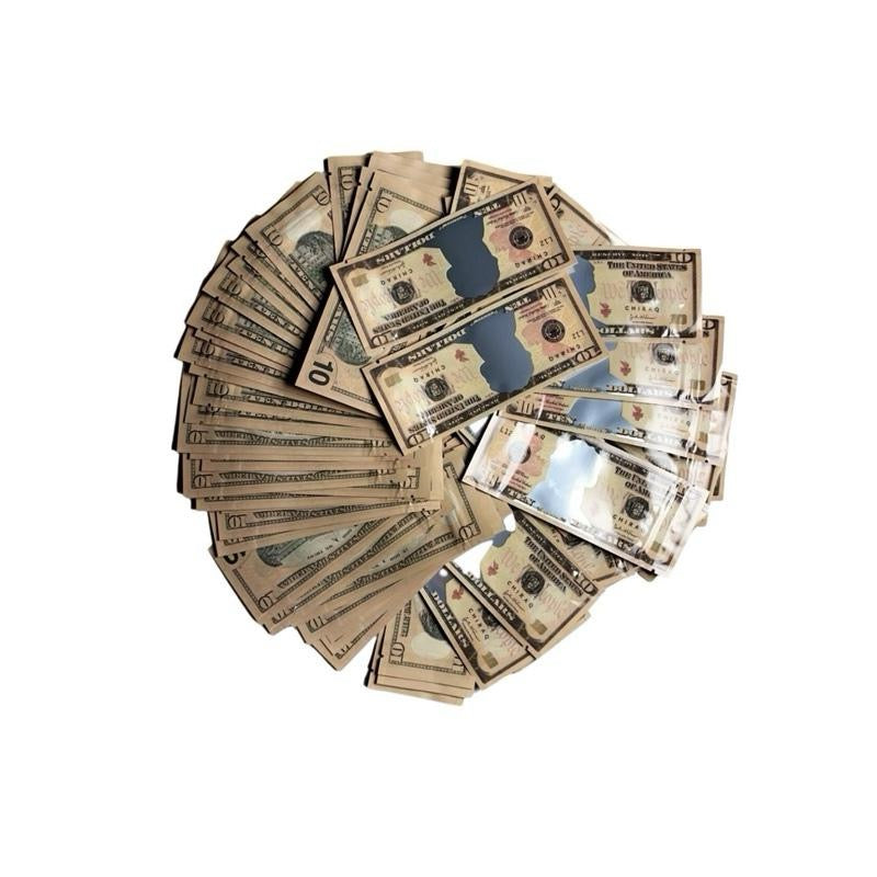 100ct Mylar Bags – $10 Bill Design, Smell-Proof, Waterproof, Transparent Window